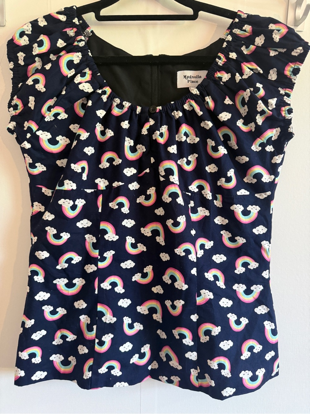 Magnolia Place Rainbow Cloud Print Cotton Blouse Navy Puff Sleeve Cottagecore L